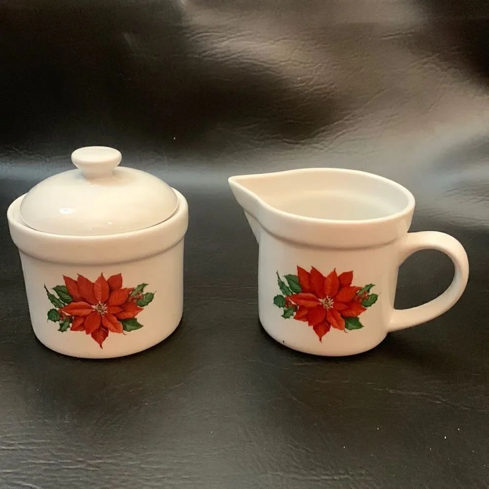 Hallmark Poinsettia Sugar Bowl Lid Creamer 3 Piece Micro Dishwasher Christmas